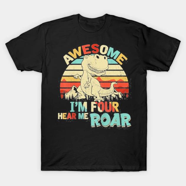 Kids I'm four hear me roar dinosaur birthday boy 4 years old shirt